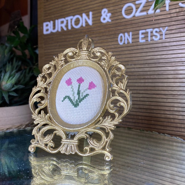 Antique Ornate Gold Frame with Antique Tulip Cross stitch - Small intricate gold metal frame with VIP marking and stand with floral art