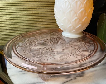 Vintage Depression Glass Sunflower Pink Glass Flat Cake Stand by Jeannette Glass - 3 footed cake plate flowers floral pink pressed glass