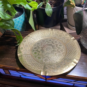 Vintage Solid Brass Etched Ashtray - Large 8 inch round gold metal dish with hand engraved floral and geometric designs made in India - MCM