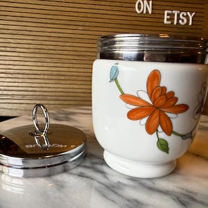 Vintage KING size Royal Worcester Astley Pattern Porcelain Egg Coddler Egg Cup Marked with Silver Metal Lid Orange and Purple Floral Leaves