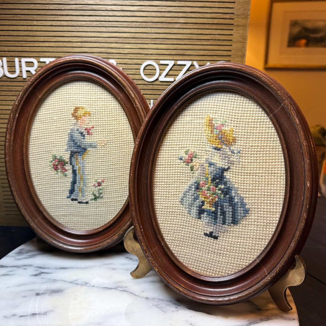 Antique Boy & Girl Flower Needlepoint Art in Vintage Oval Wood Frames ...
