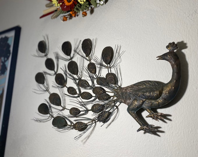 Vintage Midcentury Peacock Wall Hanging Painted Metal Peacock MCM Vintage Brown and Gold Patina