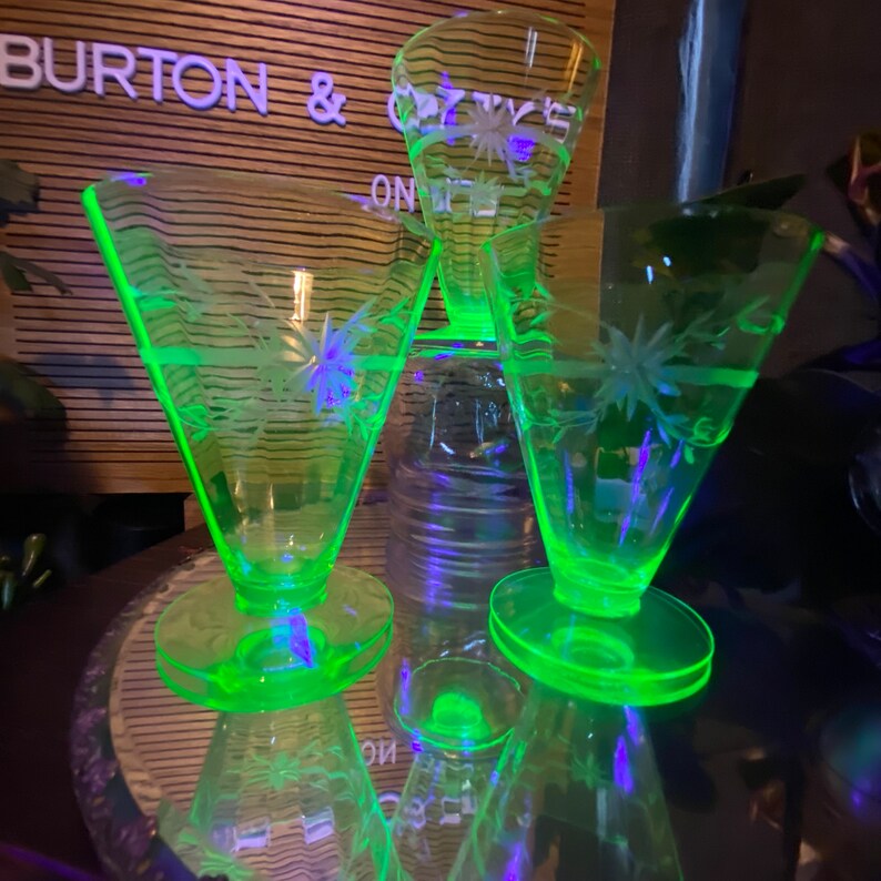 Set of 3 Uranium Glass Drinking Glasses Cut Green Glass Flowers and ...