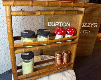 Vintage Bamboo and Wood Spice Rack 13”x12” 2 tier Standing or Wall-hanging shelf 1970s natural wood design 2 shelf decorative storage rack