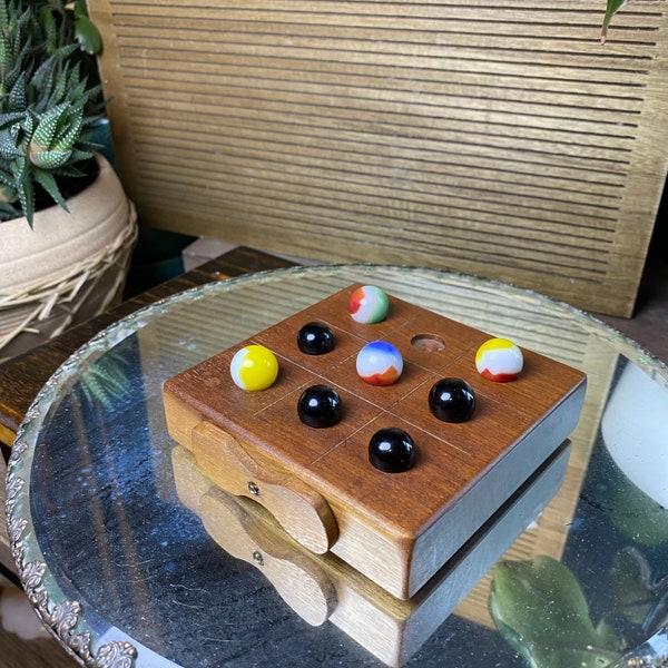 Vintage Travel Tic Tac Toe Game - Solid wood game board with glass marbles - Carved Walnut base with rotating latch tic-tac-toe mobile game