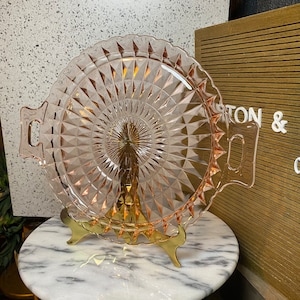 Vintage Pink Depression Glass Serving Tray with Handles - Cake Plate Platter Windsor pattern by Jeannette Glass Co Pressed Glass Home Decor