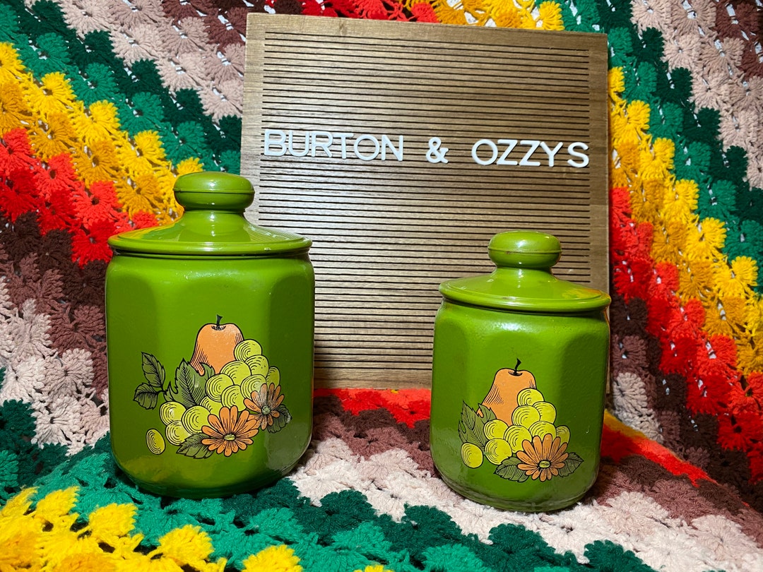 Vintage Kromex Nesting Canister Set Avocado Green Fruits and Flowers Octagon Metal Storage