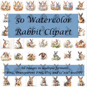 Whimsical Rabbit Watercolor Clipart Bundle - 50 Digital Downloads for Enchanting Arts and Crafts Projects