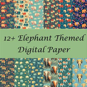 May include: A digital paper pack with 12+ elephant themed patterns. The patterns feature elephants in various colors and styles, including blue, green, yellow, and red. The patterns are perfect for scrapbooking, card making, and other crafting projects.