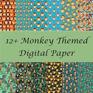 Könnte beinhalten: Zwölf plus Affen-Themen digitale Papiere. Die Papiere zeigen verschiedene Affen-Designs, darunter Affen mit verschiedenen Gesichtsausdrücken, Affen mit Hüten und Affen in Dschungel-Umgebungen.