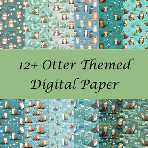 May include: 12+ digital papers featuring a seamless pattern of otters swimming in a blue and green water with white flowers and green reeds.