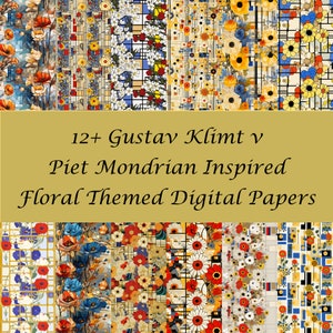 May include: A digital paper pack featuring 12+ floral patterns inspired by the art of Gustav Klimt and Piet Mondrian. The patterns feature a mix of geometric shapes, bold colors, and floral motifs.