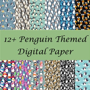 Desfile de pingüinos con encanto: 12 diseños de papel digital sin costuras: pingüinos en varios estilos, descarga instantánea