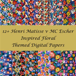 May include: A digital paper pack with 12+ floral patterns inspired by Henri Matisse and M.C. Escher. The patterns feature a variety of colors, including red, blue, yellow, green, and white. The patterns are abstract and geometric, with a focus on bold lines and shapes.