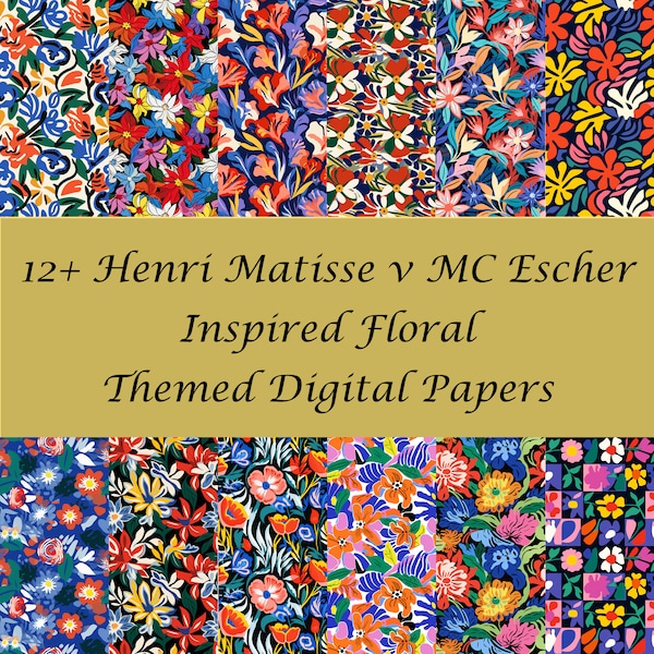 Matisse-Escher Inspired Floral Digital Paper – Seamless Tile Designs, High-Resolution Download, PNG & SVG Formats