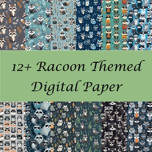 May include: A digital paper pack featuring 12+ raccoon themed patterns. The patterns depict raccoons in a variety of poses and colours, with a blue, green and grey colour scheme. The patterns are ideal for scrapbooking, card making and other crafting projects.
