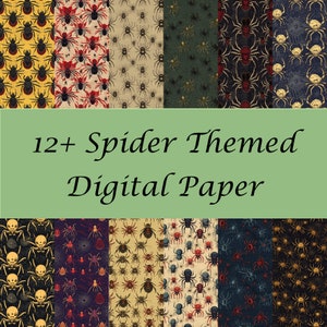 May include: Twelve digital paper designs featuring various spider patterns. The patterns include black, red, yellow, and green spiders on a variety of backgrounds.