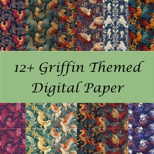 May include: Twelve digital paper designs featuring a repeating pattern of griffins with gold, red, blue, and green colors.