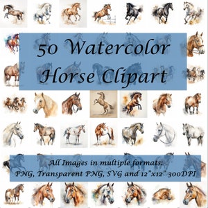 Gracieux cheval aquarelle Clipart Bundle - 50 téléchargements numériques pour les projets d'arts et d'artisanat d'inspiration équestre