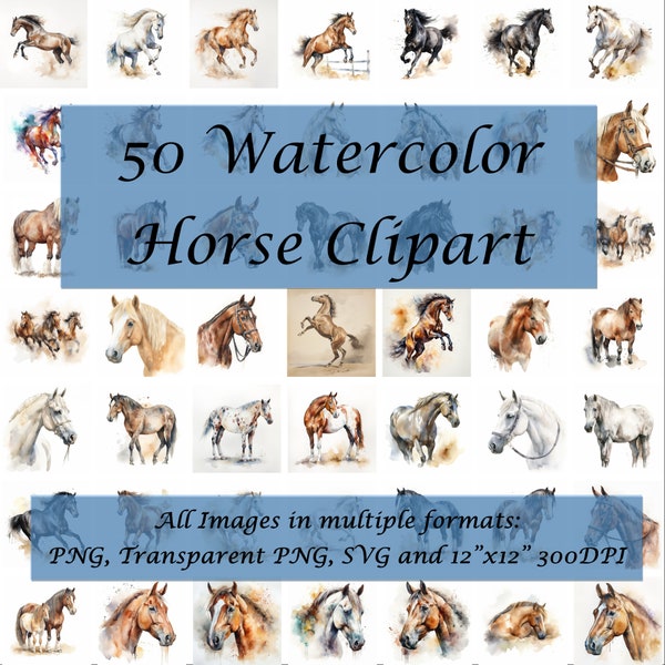 Graceful Horse Watercolor Clipart Bundle - 50 Digital Downloads for Equestrian-Inspired Arts and Crafts Projects