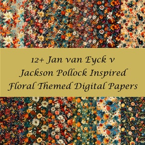 Unikt inspirerat digitalt blommigt papperspaket - Van Eyck & Pollocks konstnärliga stilar, 12 sömlösa kakeldesigner, hög upplösning