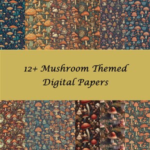 May include: A digital paper pack with 12+ mushroom themed designs. The designs feature a variety of mushrooms in different colors and styles, including red, orange, yellow, brown, and white mushrooms. The designs are perfect for creating cards, invitations, scrapbook pages, and other craft projects.