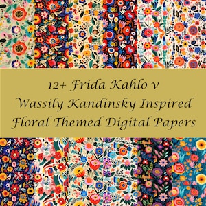 May include: A digital paper pack featuring 12+ floral patterns inspired by Frida Kahlo and Wassily Kandinsky. The patterns feature bright colours, including red, yellow, blue, green, and black, and are perfect for crafting projects.
