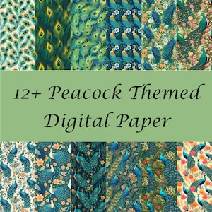 Peacock Themed Digital Paper - 12 Seamless Tile Designs - High Resolution PNG, SVG & 300DPI Formats