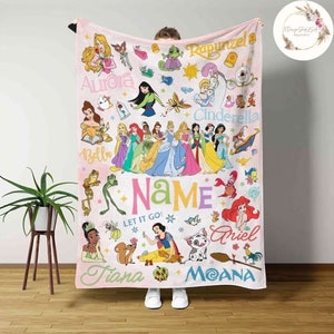 Personalized Watercolor Disney Princess Blanket, Custom Name Baby Girl Blanket, Disney Princess Birthday Girl, WDW Disneyland Girl Trip Gift