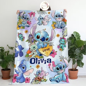 Personalized Watercolor Disney Stitch Blanket, WDW Disneyland Lilo & Stitch Angel Sketch Birthday Gift, Ohana Means Family Kids Adult Decor
