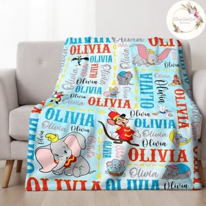 Personalized Watercolor Disney Dumbo Blanket, Custom Name Dumbo Elephant Birthday Gift for Kids, WDW Disneyland Dumbo Baby Name Decoration