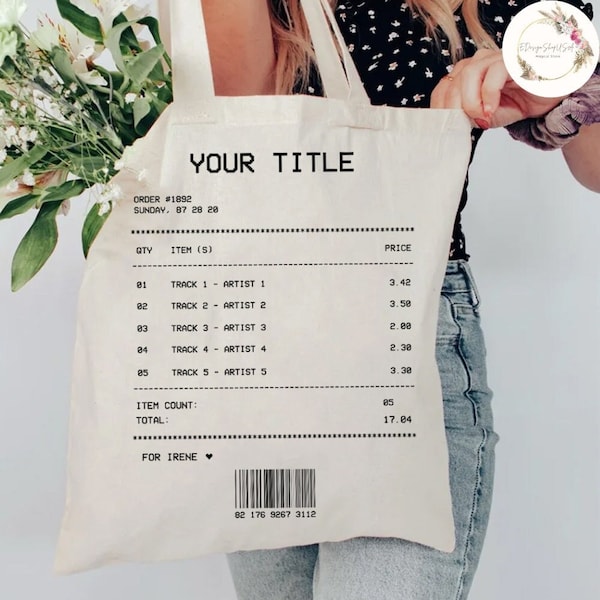Custom Song Receipt Music Canvas Tote Bag, Personalized Song Playlist Gift Bag for Music Lover, Gift for Her, Playlist Receipt Love Song Bag
