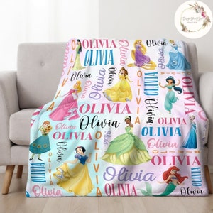 Personalized Watercolor Disney Princess Blanket, Custom Name Baby Girl Blanket, Disney Princess Birthday Girl Gift, WDW Disneyland Princess