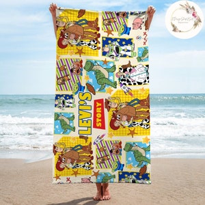 Personalized Disney Pixar Toy Story Beach Towel, Buzz Lightyear Woody Birthday Boy Bath Pool Summer Beach Trip, WDW Disneyland Family Summer