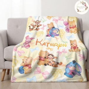 Personalized Watercolor Coquette Bows Disney Winnie The Pooh Blanket, WDW Disneyland Pooh Bear and Friends Birthday Boy, Birthday Girl Gifts