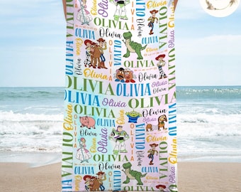 Personalized Watercolor Disney Pixar Toy Story Beach Towel, Buzz Lightyear Woody Birthday Boy Bath Pool Summer, WDW Disneyland Beach Trip