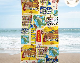 Personalized Disney Pixar Toy Story Beach Towel, Buzz Lightyear Woody Birthday Boy Bath Pool Summer Beach Trip, WDW Disneyland Family Summer