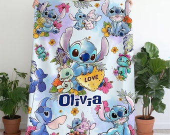 Personalized Watercolor Disney Stitch Blanket, WDW Disneyland Lilo & Stitch Angel Sketch Birthday Gift, Ohana Means Family Kids Adult Decor