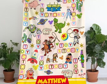 Personalized Watercolor Disney Toy Story Blanket, Custom Name Disney Pixar Baby Blanket, Woody Buzz Lightyear Jessie Toy Story Birthday Gift