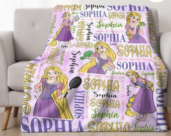 Personalized Watercolor All Characters Disney Princess Blanket, Custom Name Princess Birthday Girl Gift, WDW Disneyland Baby Girl Blanket
