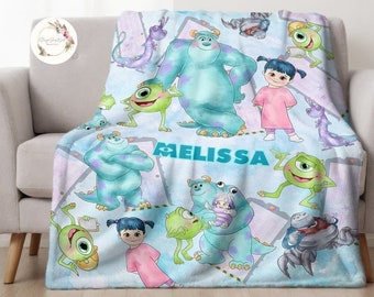 Couverture personnalisée aquarelle Disney Monsters Inc, nom personnalisé Pixar Monsters University couverture pour bébé, cadeaux d'anniversaire Sully Mike Wazowski