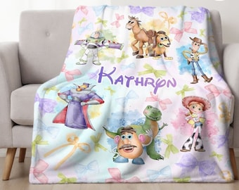 Personalized Watercolor Coquette Bows Disney Pixar Toy Story Blanket, WDW Disneyland Toy Story Birthday Boy/Girl Blanket, Buzz Lightyear Rex