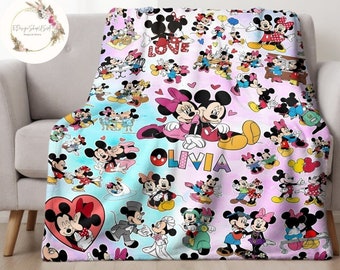 Personalized Watercolor Mickey Minnie Mouse Disney Couple Blanket, Custom Name WDW Disneyland Birthday Boy Blanket, Birthday Girl Blanket