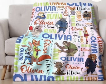 Personalized Watercolor Disney Zootopia Blanket, Custom Name Baby Judy Hopps Nick Wilde Birthday Boy/Girl Gift, WDW Disneyland Couple Gifts