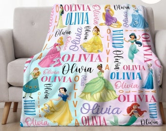 Personalized Watercolor Disney Princess Blanket, Custom Name Baby Girl Blanket, Disney Princess Birthday Girl Gift, WDW Disneyland Princess