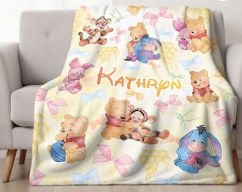 Personalized Watercolor Coquette Bows Disney Winnie The Pooh Blanket, WDW Disneyland Pooh Bear and Friends Birthday Boy, Birthday Girl Gifts