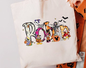 Personalized Mickey and Friends Trick or Treat Disney Halloween Canvas Tote Bag, Custom Name WDW Disneyland Family Halloween Candy Bag Gifts