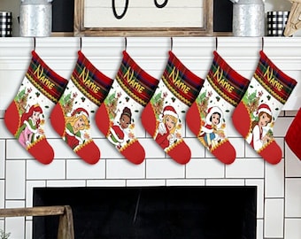Personalized Buffalo Plaid Disney Princess Christmas Stockings, Disney Princess Girl Trip Christmas Stockings With Name, Family Christmas