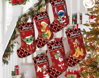 Personalized Santa Red Buffalo Plaid Disney Christmas Stockings With Name, Mickey and Friends Christmas, Disney Family Christmas Gifts 2023