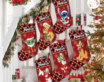 Personalized Santa Red Buffalo Plaid Disney Christmas Stockings With Name, Mickey and Friends Christmas, Disney Family Christmas Gifts 2023